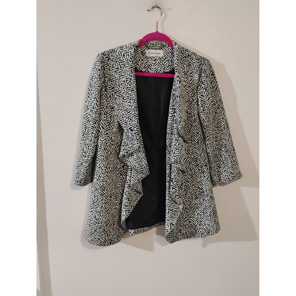 Calvin Klein Womens Ruffle Open Front Blazer Black White Chevron Jacket Size 2